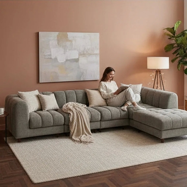 Italian L Shape Modular Sofa with Linen Fabric Customizable Dimensions and Medium Back Design