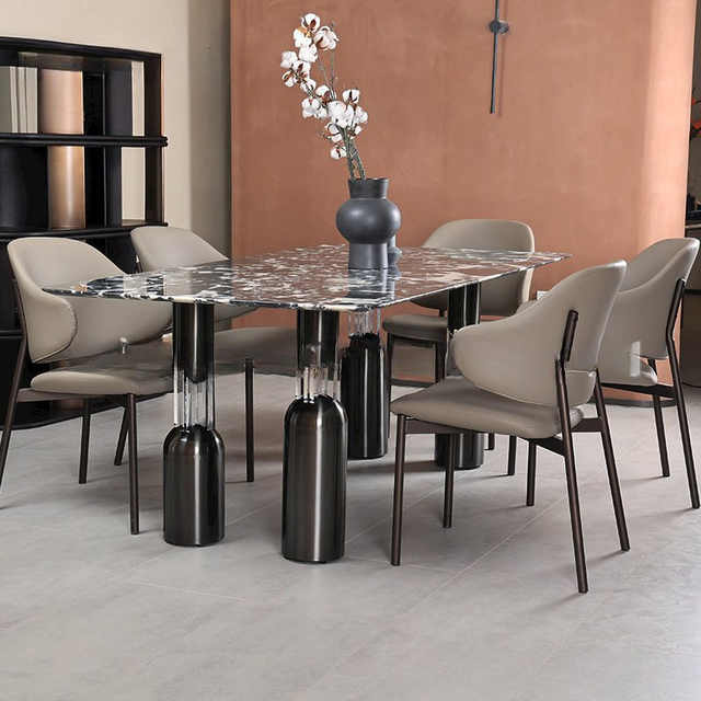 Modern Stylish Dining Table with Bulgari Black Natural Marble Top and Stainless Steel Leg