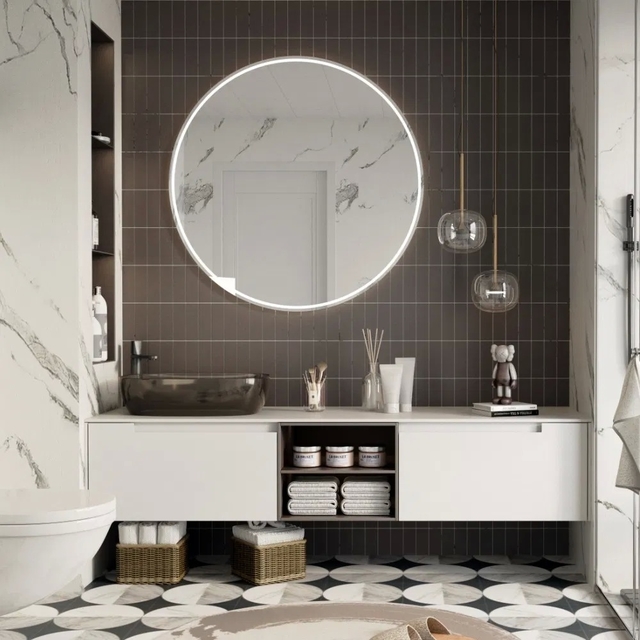 Swete Particleboard Suspended Bathroom Cabinet with Illuminated Round Mirror Wall Mounted and Customizable