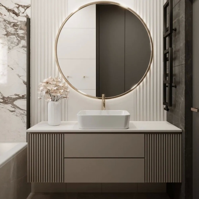 Swete Modern Style Suspended Bathroom Cabinet with Illuminated Round Mirror and Customized Design